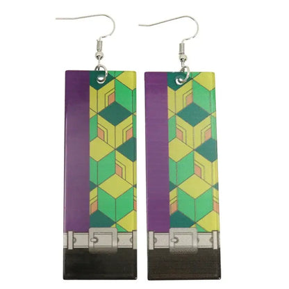 Rectangular acrylic demon slayer long drop earrings with purple green yellow geometric pattern and belt design