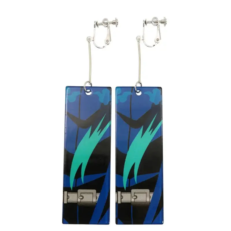 Demon slayer tanjiro long drop blue and black lightweight acrylic earrings with teal flame design and silver clip backs