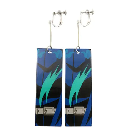 Demon slayer tanjiro long drop blue and black lightweight acrylic earrings with teal flame design and silver clip backs