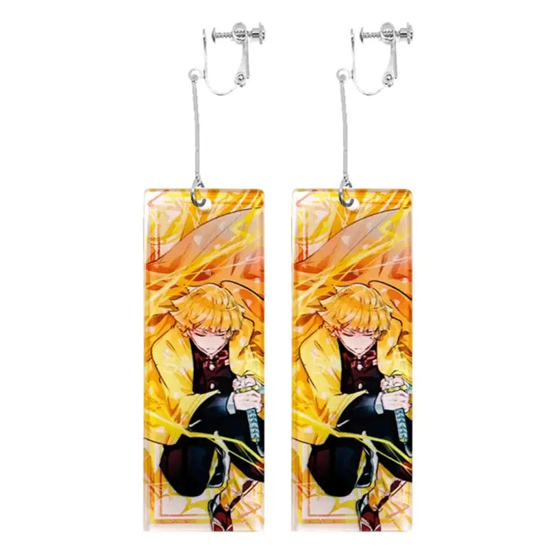 A pair of lightweight acrylic demon slayer tanjiro hanafuda long drop earrings with vibrant orange and gold design