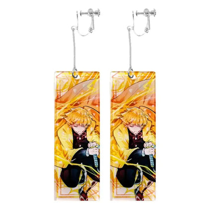 A pair of lightweight acrylic demon slayer tanjiro hanafuda long drop earrings with vibrant orange and gold design