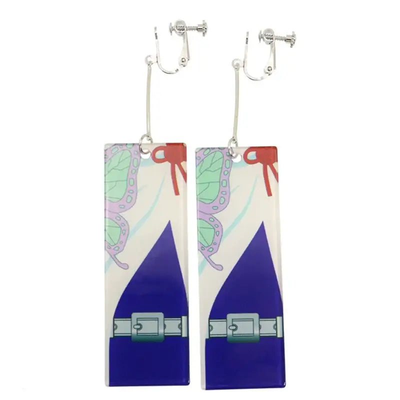 Rectangular translucent acrylic demon slayer long drop earrings with stylized purple butterfly and sword design