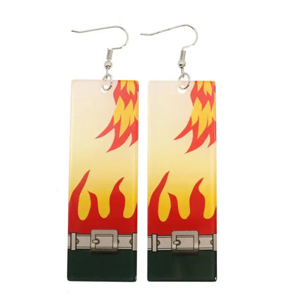 Demon slayer tanjiro hanafuda long drop earrings with flame pattern yellow to red gradient and silver buckle detail in lightweight acrylic