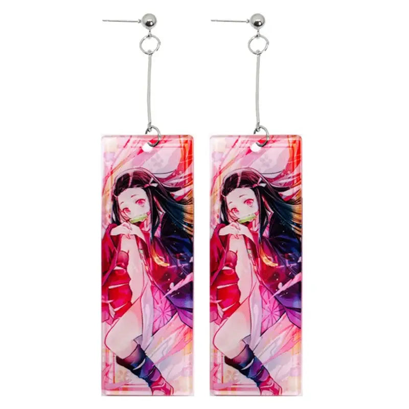 Rectangular demon slayer tanjiro long drop acrylic earrings with lightweight vibrant pink and purple anime design