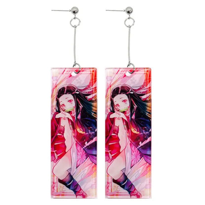 Rectangular demon slayer tanjiro long drop acrylic earrings with lightweight vibrant pink and purple anime design