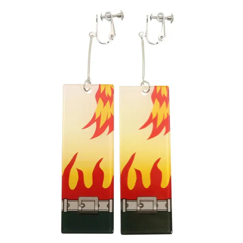 Demon slayer tanjiro hanafuda long drop earrings with yellow to red flame pattern and silver belt detail in lightweight acrylic