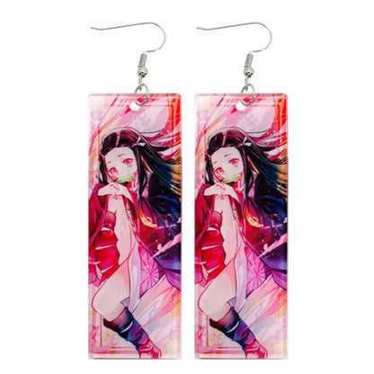 Rectangular acrylic demon slayer tanjiro long drop earrings with red outfit and vibrant pink orange background