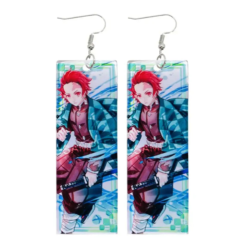 Rectangular demon slayer tanjiro long drop earrings with vibrant red hair design on lightweight acrylic material