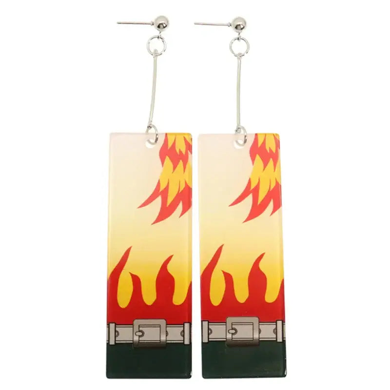 Demon slayer tanjiro hanafuda rectangular flame-patterned long drop earrings with lightweight acrylic and metallic belt detail