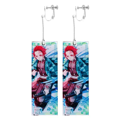 Rectangular acrylic demon slayer long drop earrings featuring red hair anime character in blue plaid jacket on silver hooks