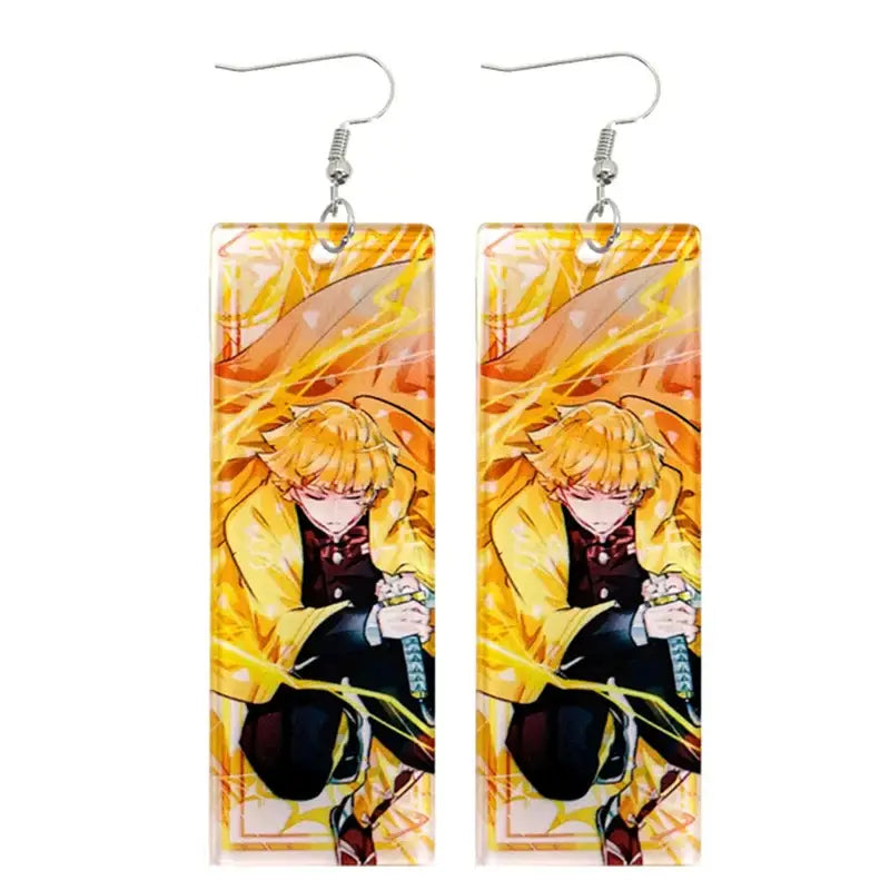Rectangular acrylic demon slayer long drop earrings with vibrant orange yellow anime character and flame design