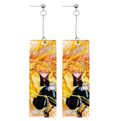 Rectangular acrylic demon slayer long drop earrings featuring blonde anime character in yellow coat on fiery background