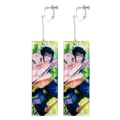 Rectangular demon slayer tanjiro hanafuda long drop earrings with lightweight acrylic featuring anime character and pig creature