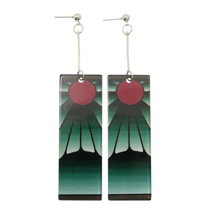Demon slayer tanjiro hanafuda acrylic long drop earrings with green black gradient and red circular design
