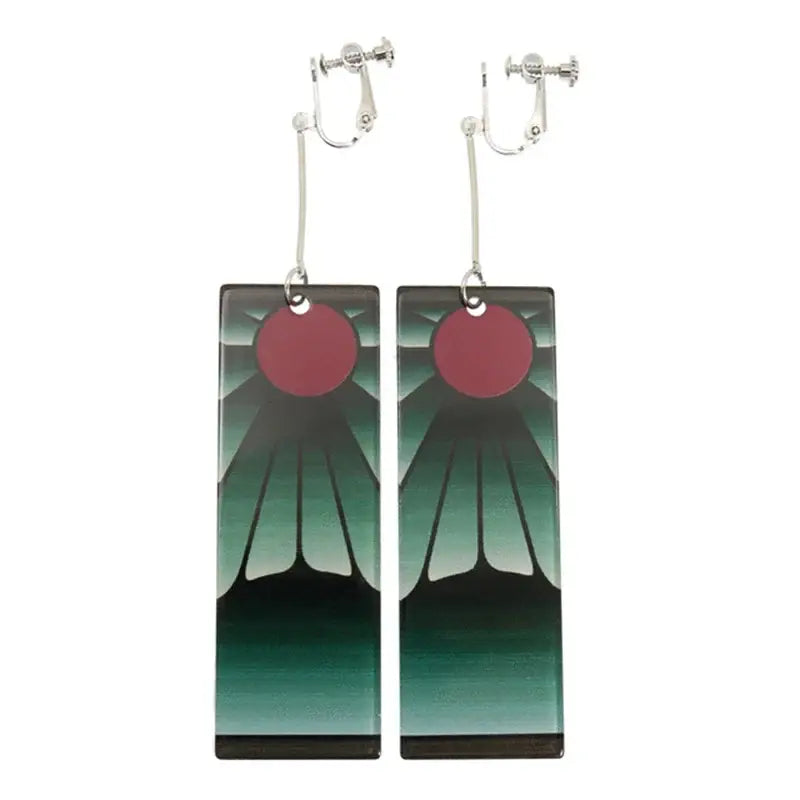 Demon slayer tanjiro hanafuda long drop earrings with green mountain gradient and red sun on lightweight acrylic with silver clip backs