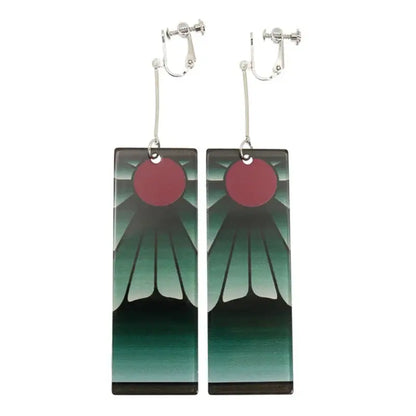 Demon slayer tanjiro hanafuda long drop earrings with green mountain gradient and red sun on lightweight acrylic with silver clip backs