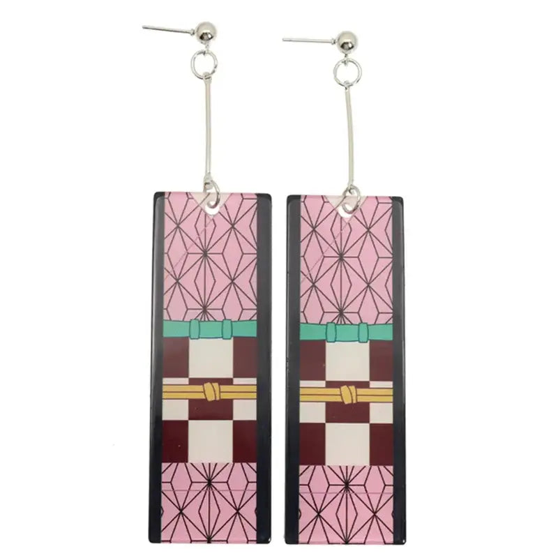 Demon slayer tanjiro hanafuda long drop earrings with pink maroon geometric pattern on lightweight acrylic with black borders