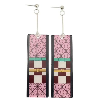 Demon slayer tanjiro hanafuda long drop earrings with pink maroon geometric pattern on lightweight acrylic with black borders