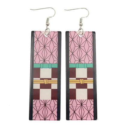 Demon slayer tanjiro hanafuda long drop earrings in pink brown and white lightweight acrylic with black borders