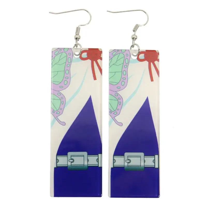 Rectangular glossy demon slayer acrylic earrings with purple green butterfly motifs and deep blue skirt long drop lightweight