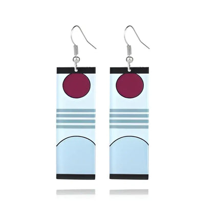 Demon slayer hanafuda earrings acrylic drop jewelry with rectangular minimalist design maroon circles and blue stripes