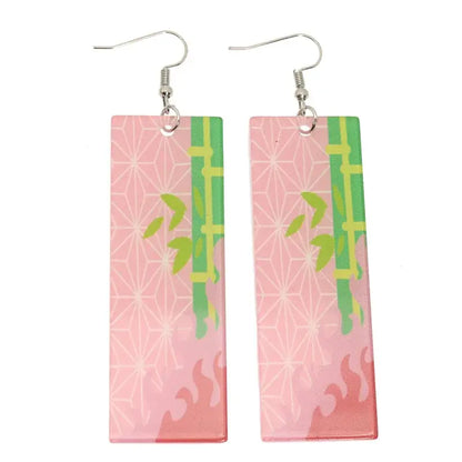 Rectangular pink and green patterned acrylic drop hanafuda earrings inspired by demon slayer anime design