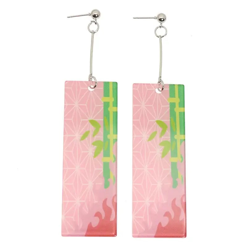 Pink rectangular demon slayer hanafuda earrings with green bamboo flame motifs silver acrylic drop jewelry
