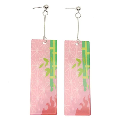 Pink rectangular demon slayer hanafuda earrings with green bamboo flame motifs silver acrylic drop jewelry