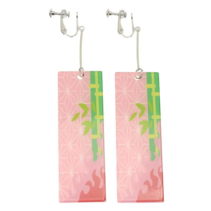 Demon slayer hanafuda earrings with pink acrylic drop featuring green bamboo and geometric patterns with silver clip-ons