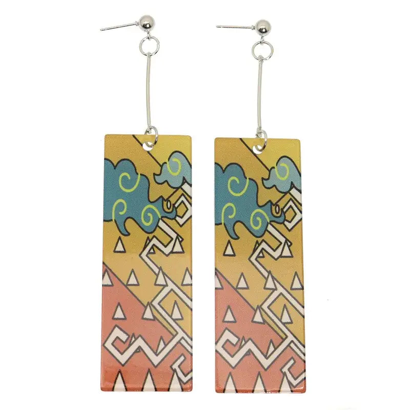 Rectangular colorful geometric-patterned demon slayer hanafuda earrings with yellow to orange gradient and teal acrylic drop details