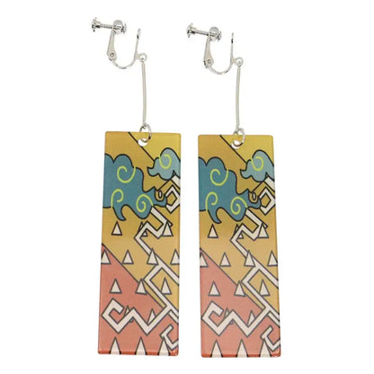 Rectangular colorful demon slayer hanafuda earrings with vibrant geometric cloud pattern in acrylic drop jewelry