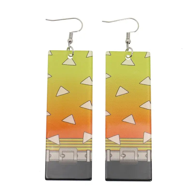 Rectangular demon slayer hanafuda earrings in acrylic drop with lime green to orange gradient and white triangular patterns