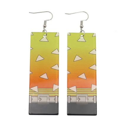 Rectangular demon slayer hanafuda earrings in acrylic drop with lime green to orange gradient and white triangular patterns