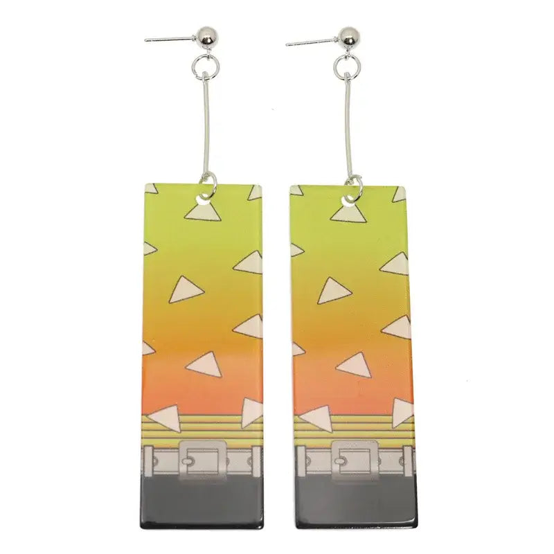 Rectangular acrylic drop demon slayer hanafuda earrings with yellow to orange sunset gradient and gray belt buckle detail