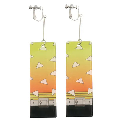 Rectangular acrylic drop demon slayer hanafuda earrings with yellow to orange sunset gradient white triangles and silver buckle detail