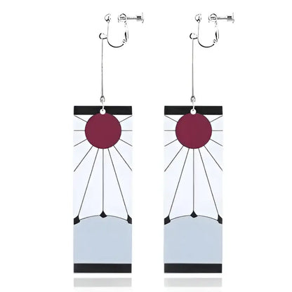 A pair of demon slayer hanafuda acrylic drop earrings with rectangular sunburst design and deep red circle top