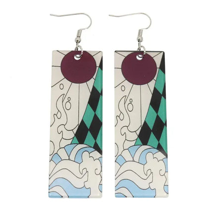 Demon slayer hanafuda earrings with rectangular acrylic drop featuring sun waves and checkered pattern in maroon teal and blue