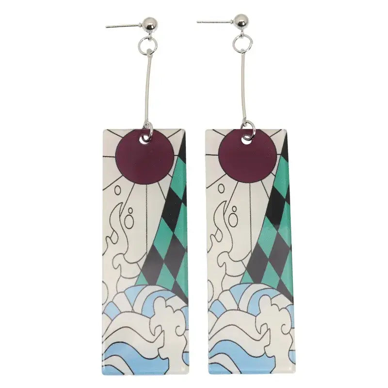 Rectangular acrylic drop demon slayer hanafuda earrings with maroon circle teal diamond white waves and flame motifs