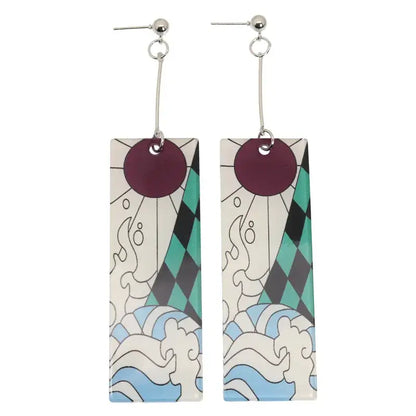 Rectangular acrylic drop demon slayer hanafuda earrings with maroon circle teal diamond white waves and flame motifs