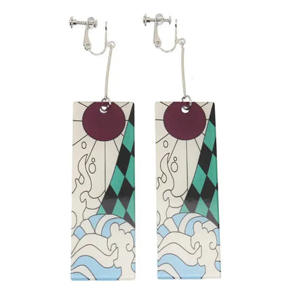 Rectangular acrylic drop demon slayer hanafuda earrings with maroon circle and blue white wave patterns on cream background