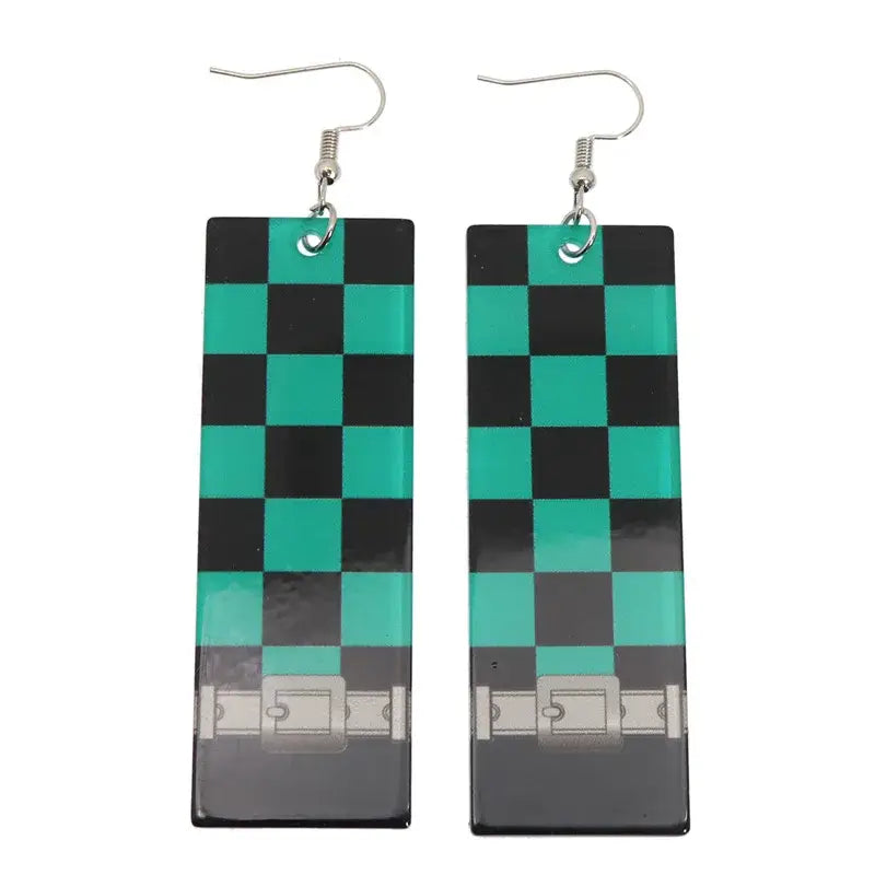 Demon slayer teal and black checkered hanafuda earrings with silver buckle acrylic drop jewelry design