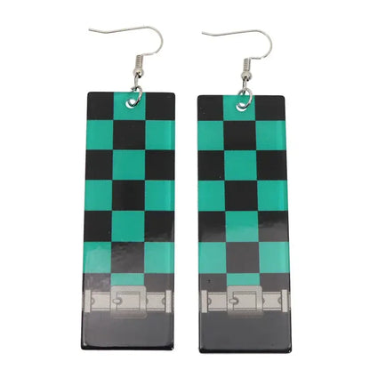 Demon slayer teal and black checkered hanafuda earrings with silver buckle acrylic drop jewelry design