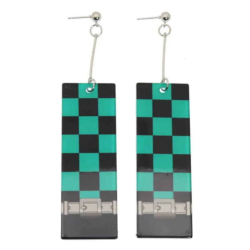 Demon slayer teal and black checkered acrylic drop hanafuda earrings with silver buckle design at the bottom