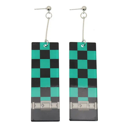 Demon slayer teal and black checkered acrylic drop hanafuda earrings with silver buckle design at the bottom