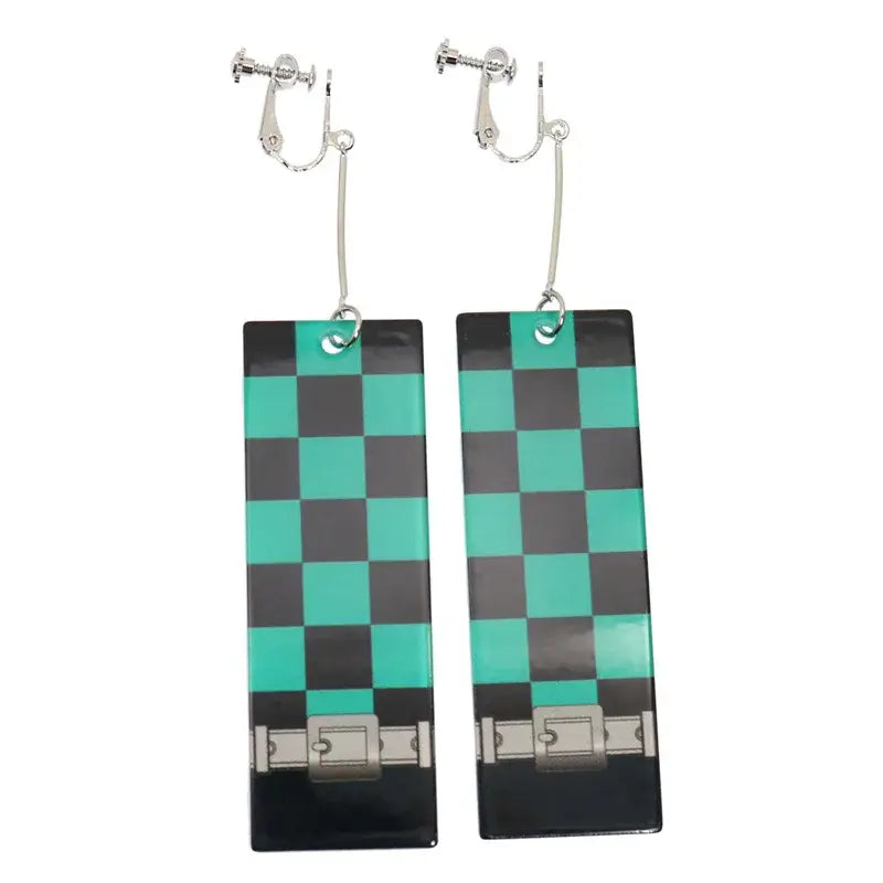 Teal and black checkered acrylic drop demon slayer hanafuda earrings with silver-toned clip backs rectangular design