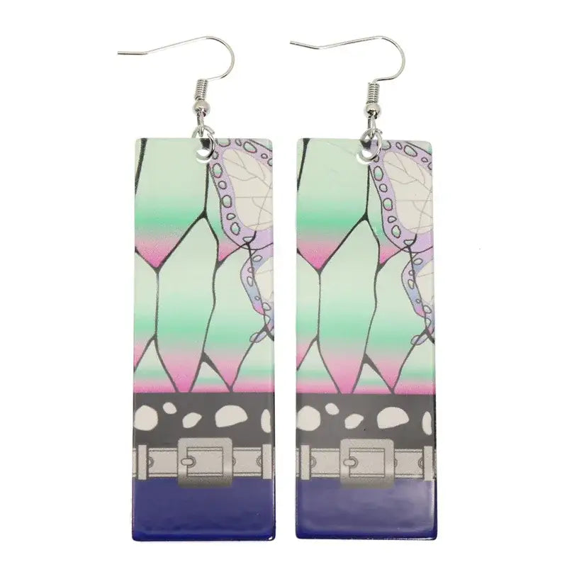 Rectangular demon slayer hanafuda earrings with acrylic drop featuring mint green pink gradient and black belt on purple base