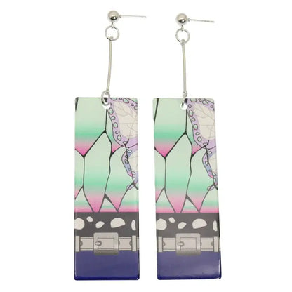 Rectangular demon slayer hanafuda earrings with mint green to pink gradient acrylic drop and butterfly wing design