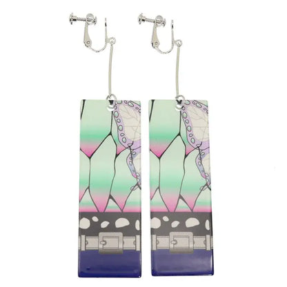 Rectangular gradient-colored acrylic drop demon slayer hanafuda earrings with stylized butterfly wing design and metallic clips