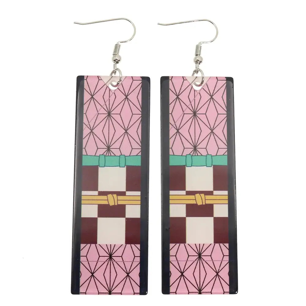Rectangular pink maroon and white patterned demon slayer hanafuda earrings with black borders acrylic drop jewelry