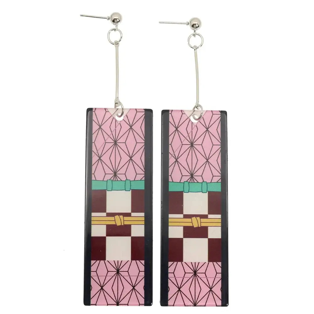 Demon slayer hanafuda earrings acrylic drop jewelry with pink and maroon geometric pattern black borders silver hooks